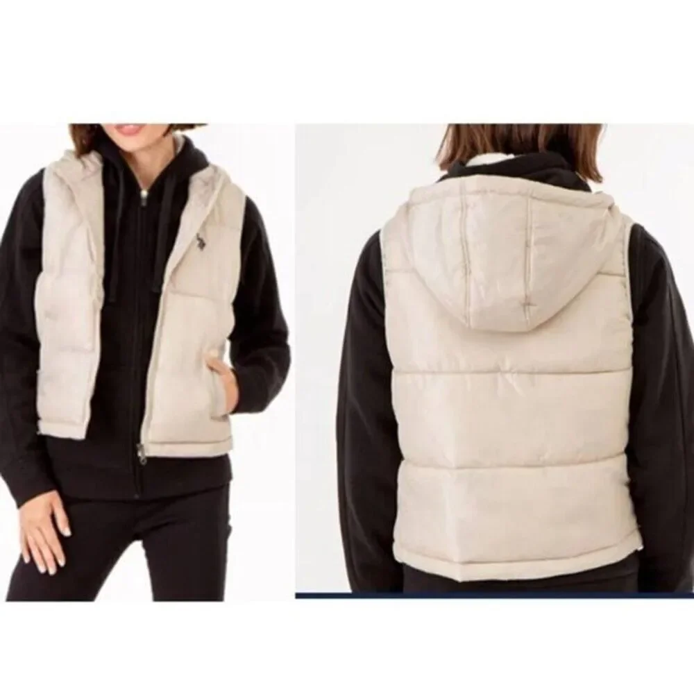 US Polo Puffer Hoodie Cropped Vest Large Women's Front Zip Beige